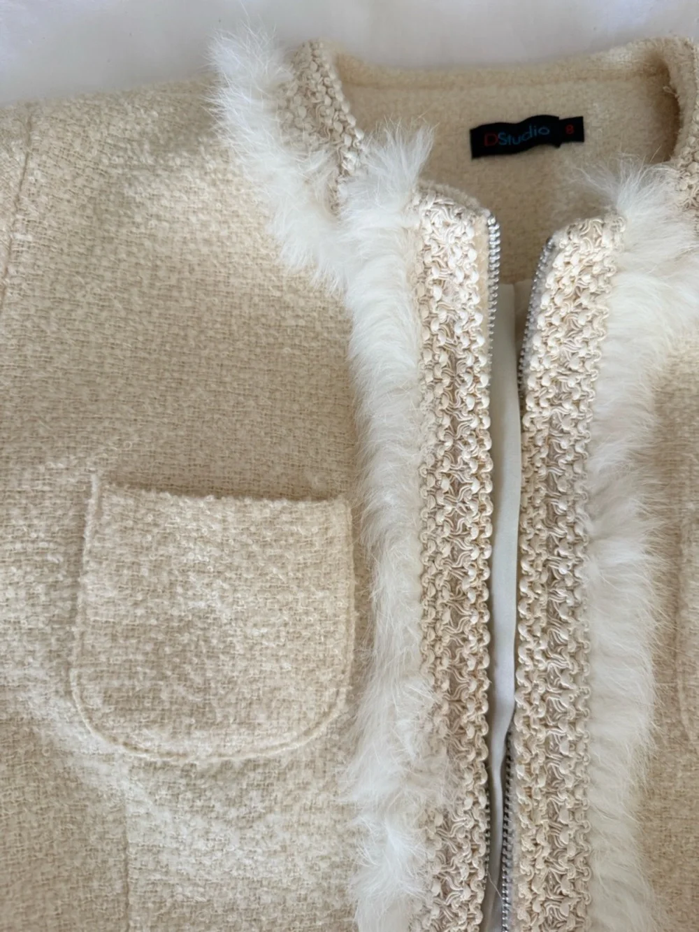 Cream Bouclé Zip-Front Jacket with Fur-Trim - Picture 3 of 5